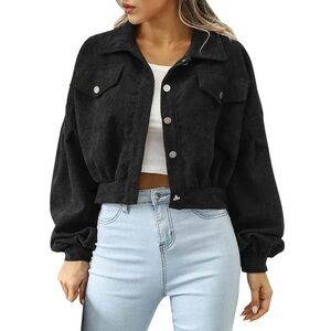 Black Corduroy Cropped Jacket - Women's Casual Coat